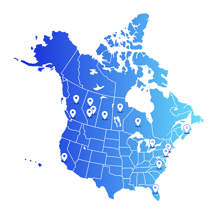 A map of North America, including the United States of America and Canada.