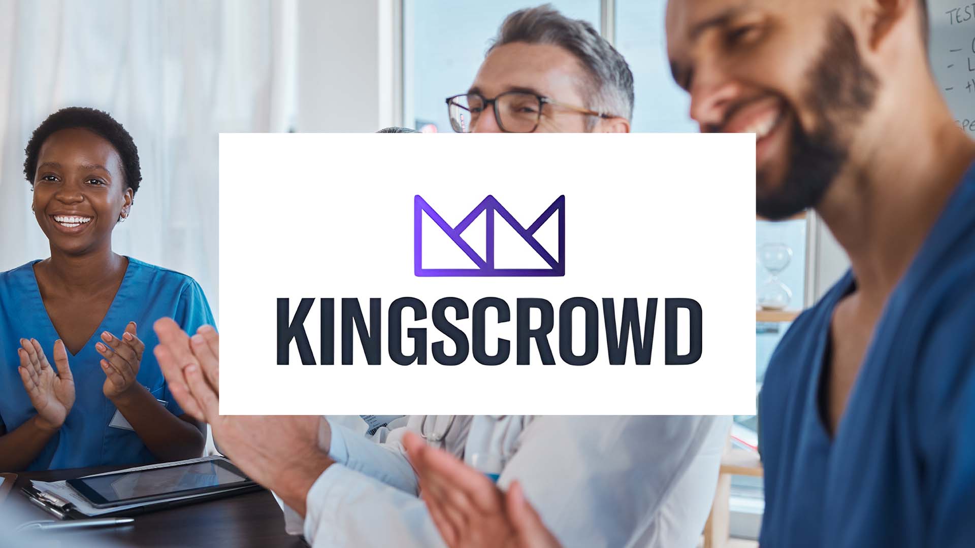A group of clinical staff clap, the logo of Kingsford overlays the image.