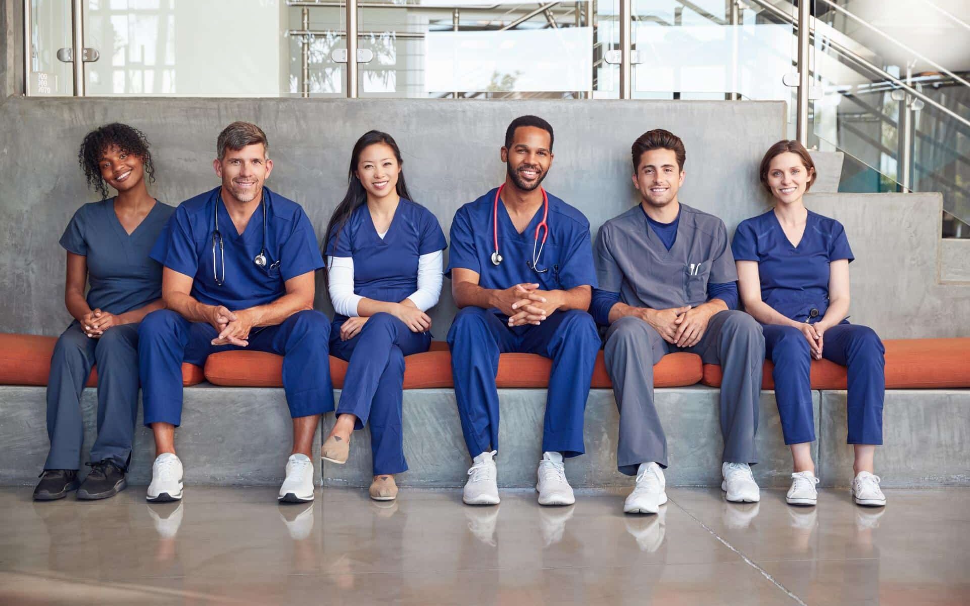 Healthcare workers sitting in a modern hospital