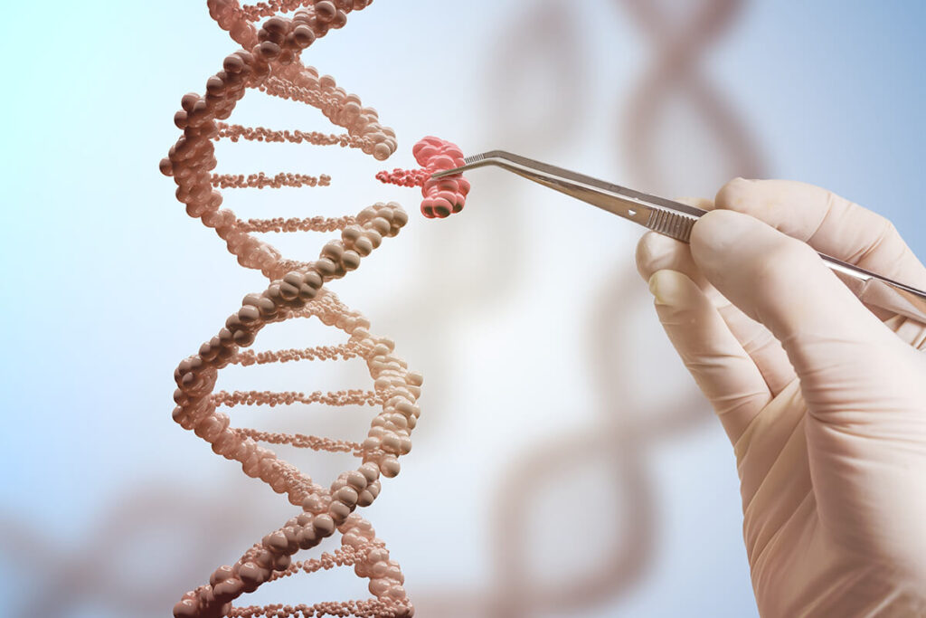 Gloved hand using tweezers to adjust a DNA strand in a close-up biotechnology concept image.